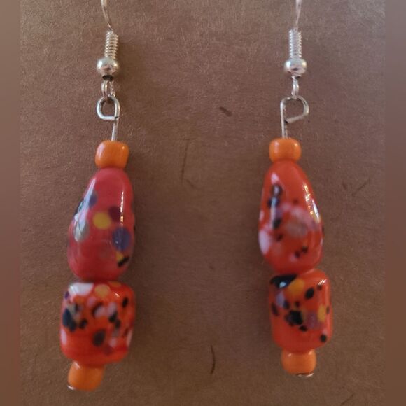 Orange with Multicolor Glass Bead Silver Toned Fish Hook Earrings J1-21 - Picture 2 of 4